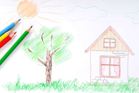 Children's colored sketch  of  house, tree, sunの写真素材