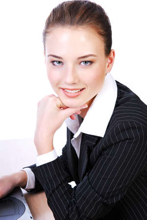 Attractive close-up cheerful face of businesswoman in black suitの写真素材