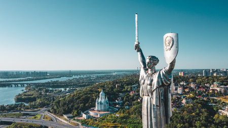 Aerial view to the  Beautiful landscape city Kiev with a Dnepr river. Top view to the Motherland...