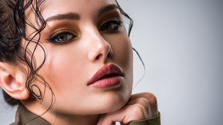Closeup portrait of a beautiful young fashion woman with brown makeup posing at studio. Beautiful ...