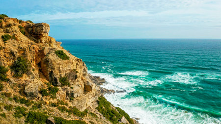 Natural oceanscape with mountains - Drone top view. Beautiful landscape of Atlantic ocean coastline,...