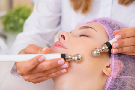 Woman in a spa salon on cosmetic procedures for facial care. Cosmetologist making a woman a therapeutic procedure on a face. Beautician makes medical procedures using a professional  equipment.の写真素材