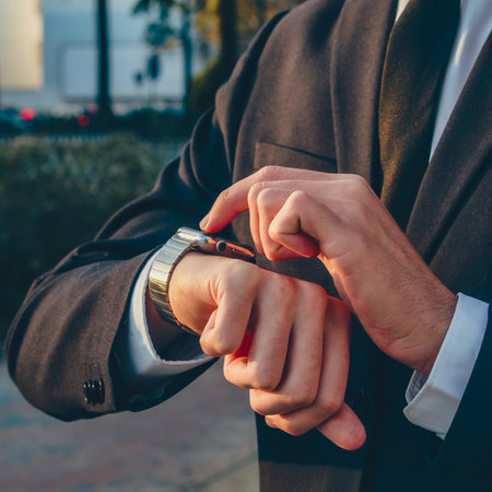 Businessman is typing message on the smartwatch, outdoors. Man looks on the smartwatch and typing...