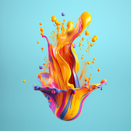 Colorful paint splashing isolated on blue background.  Illustration  beautiful multicolored water splashes in 1:1 aspect on colored background. Bright Oil splashes. AI generated illustration.の素材