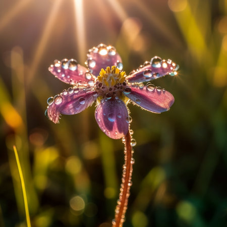 Beautiful purple flower with dew drops in the morning sunlight while sunrise. Beautiful spring meadow flower in the morning, sun rays shining. AI generated content.の素材