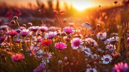 Poppy flowers in the meadow at sunset. shallow depth of field. Beautiful poppy flowers  in the morning sunlight. Beautiful spring meadow flowers in the morning with sun rays shining. AI generated .の素材