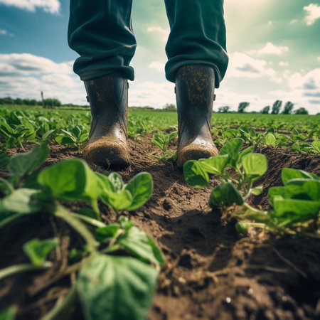 Farmer in rubber boots on soybean field, close-up, blue sky background with clouds. Closeup shot. Green fresh plants. Low angle view. AI generated content.の素材