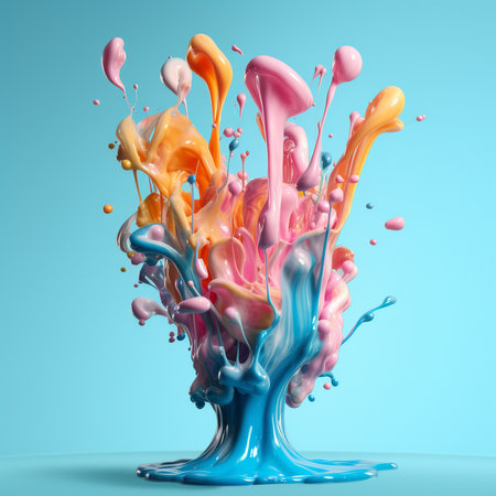 Colorful paint splashing isolated on blue background.  Illustration  beautiful multicolored water splashes in 1:1 aspect on colored background. Bright Oil splashes. AI generated illustration.の素材