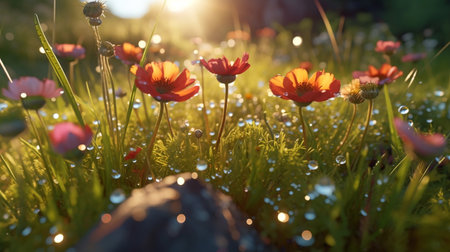 Beautiful purple flowers with dew drops in the morning sunlight while sunrise. Beautiful spring meadow flowers in the morning, sun rays shining. AI generated content. Low angle viewの素材