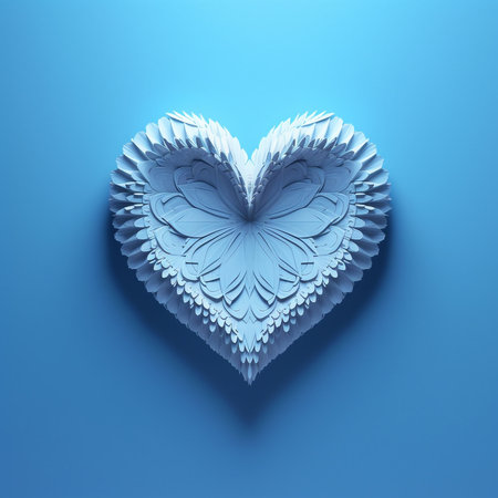 Blue Paper origami heart on blue background. Love concept. Paper heart made of paper with a beautiful pattern. AI generated illustration.の素材