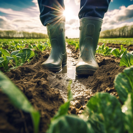 Farmer in rubber boots on soybean field, close-up, blue sky background with cloud and suns. Closeup shot. Green fresh plants. Low angle view. AI generated content.の素材