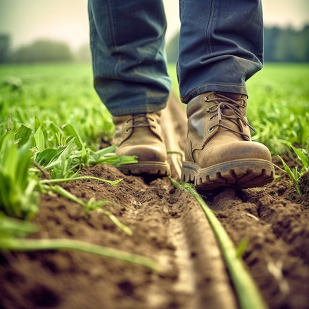 Close-up of a farmer's feet in rubber boots walking down a green farmer field. Low angle. Green fresh plants. Front view. AI generated content.の素材
