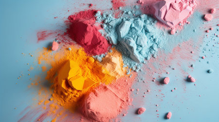 Scattered  multicolored powder for shadows is on a blue background close-up. Top view. Art concept for cosmetic brands. Crushed cosmetic powder. AI generated.の素材