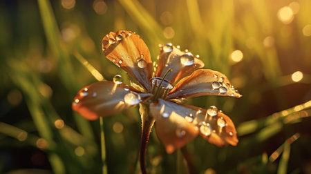 Beautiful purple flower with dew drops in the morning sunlight while sunrise. Beautiful spring meadow flower in the morning, sun rays shining. AI generated content.の素材