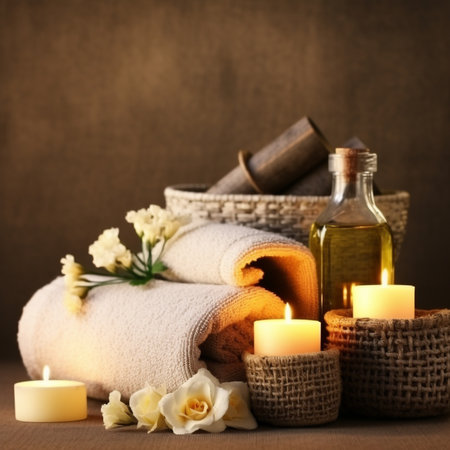 Spa still life with candles, towels and flowers on wooden background. Beauty treatment concept. Body care Still life. AI generated content.の素材