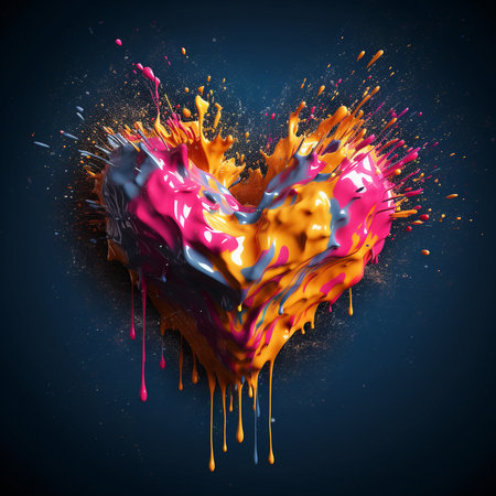 Colored paint splashes isolated on dark blue background.  Beautiful multi colored water splashes in heart shape.  AI generated illustration. Love concept.の素材