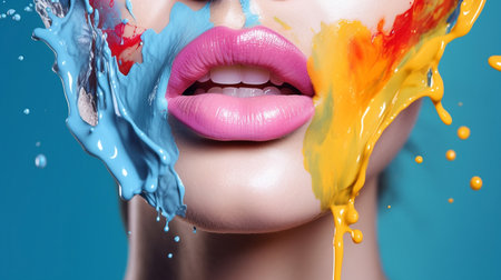 Beautiful woman face with bright pink lips and colorful paint splashes. Jets of colored water break on a woman's face. Multicolored liquid on a female face. Fashion concept. AI generated content.の素材