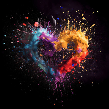 Colored paint splashes isolated on dark background.  Beautiful multi colored water splashes in heart shape.  AI generated illustration.の素材