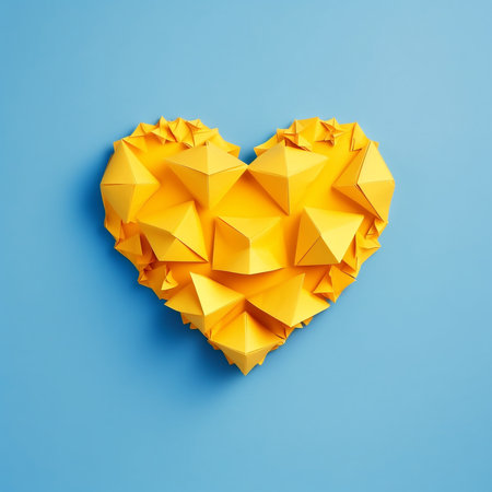 Yellow Paper origami heart on blue background. Love concept. Paper heart made of paper with a beautiful pattern. AI generated illustration.の素材