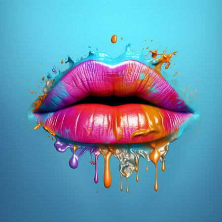 Beautiful female lips with bright makeup and colorful paint splashes around it. Multicolored creative makeup. Fashion face art, close up. Female lips with multicolored lipstick. AI generated content.の素材