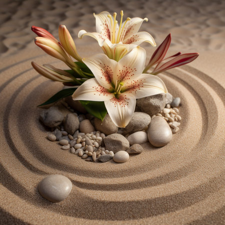Spa zen composition with  stones and flower on yellow sand, shallow depth focus. Spa stones and lily flower on sand with creative design. Beauty treatments. Health care spa contact. AI generated.の素材