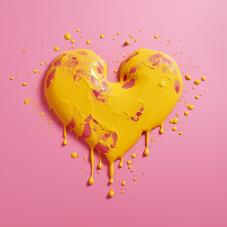 Yellow liquid heart on pink background. Love concept. A heart-shaped object drenched in yellow liquid with dripping drops.  AI generated illustration.の素材