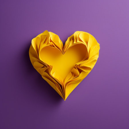 Yellow Paper origami heart on purple background. Love concept. Paper heart made of paper with a beautiful pattern. AI generated illustration.の素材