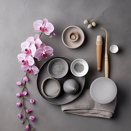 Spa still life, Spa zen composition with  orchid flowers, stones and candles on grey background.  Health care spa contact. Top view AI generated.の素材