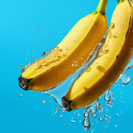 Bunch of bananas with water drops on blue background, close up. Bunch of bananas in water splash, isolated on blue background. AI generated image.の素材