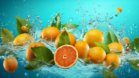 Fresh citrus fruits with water splash on blue background. Healthy food concept. Water splash with citrus fruits on blue background. 3d illustration. AI generated image.の素材