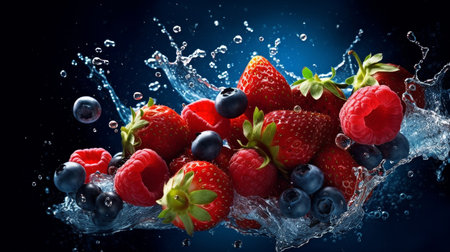 Fresh fruits with water splash on dark blue background. Healthy food concept. Falling strawberries and blackberries in water splashes on blue background. Fresh berries in water splash.  AI generated.の素材
