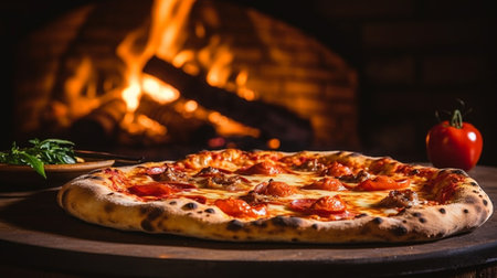 Tasty Pizza in front of a fireplace. Delicious pizza on a wooden table wood burning stove  on a background with fire. Pizza with bacon cheese and tomatoes. Food still life concept. AI generatedの素材