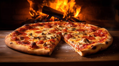 Tasty Pizza in front of a fireplace. Delicious pizza on a wooden table wood burning stove  on a background with fire. Pizza with bacon cheese and tomatoes. Food still life concept. AI generatedの素材