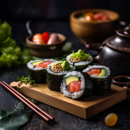 Sushi rolls with salmon, avocado, cream cheese and cucumber. Sushi rolls on wooden table in restaurant, shallow depth of field. Still life. Asian food.  Set of Japanese sushi. AI generated imageの素材