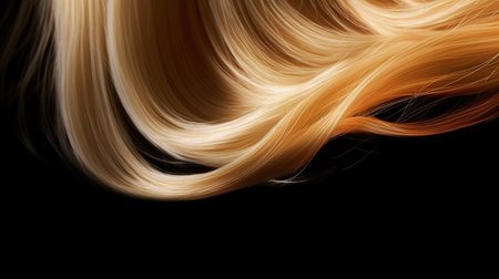 Close-up of curly blonde hair strands on dark background, beauty and fashion concept. Macro shot of  female blond  hair strand, top view. Hair care concept. Tuft Blonde hair.  AI generatedの素材