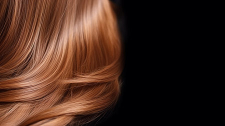 Close-up of wavy brown hair strands on dark background, beauty and fashion concept. Macro shot of  female chestnut hair strands, top view. Hair care concept. Tuft brown hair.  AI generatedの素材