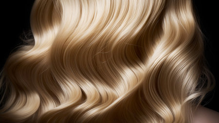 Rear view of a Beautiful long blonde wavy hairstyle, rear view.  Hairdresser salon concept. Girl with curly blonde hair. Woman with long wavy hairstyle, blonde hair,  Back view, AI generatedの素材