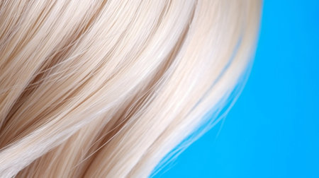 Close-up of blonde hair strands on blue background, beauty and fashion concept. Macro shot of  female blond  hair strands, top view. Hair care concept. Tuft Blonde hair.  AI generatedの素材