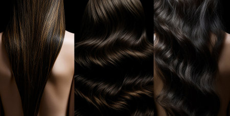 Collage of beautiful long brown hair. Hairdresser salon concept. Wavy hairstyle collage. Woman with long wavy hairstyle.  Back view of a wavy and straight  black hair. AI generatedの素材
