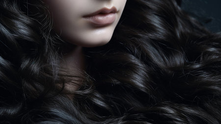 Portrait of a girl with wavy black hair on a black background.  Close-up. Young Brunette girl with long wavy hair, studio shot. Hair care concept. AI generatedの素材