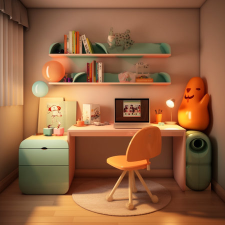 Beautiful Modern interior design of room for child.  Beautiful Children's room with stylish furniture in beige tones. 3d render. Children's room in a children's style.   AI generated interior design.の素材