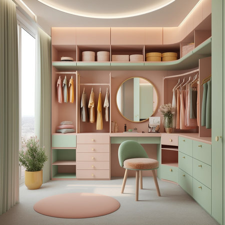 Luxury dressing room with stylish furniture in pastel colors and soft led backlight. Luxury and fashionable interior of modern female dressing room. Dressing room with mirror and pouf. AI generatedの素材