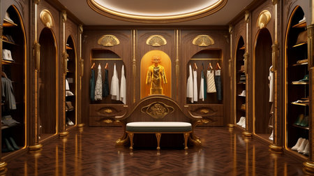 Luxury dressing room with golden furniture, 3d rendering. Luxury interior of a dressing room with a golden decoration. Luxury and fashionable interior of modern male dressing room.  AI generatedの素材