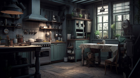 3d render of a rustic kitchen in an old farmhouse. Kitchen interior in a retro style. 3d render image. Interior of a rustic kitchen in a cottage style.  AI generated interior design.の素材