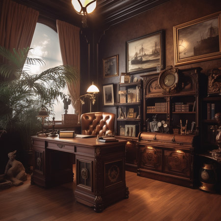 Luxury classic interior of office. Vintage furniture. Luxury design interior of business ceo room in classic style with bookshelves.  AI generated. Luxury interior with classic wooden furniture.の素材