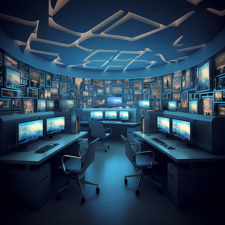 3D rendering, interior of a room with computers and photos on wall.  Computer room with a lot of monitors and screens, led backlight on ceiling, AI generated. Futuristic design of business officeの素材