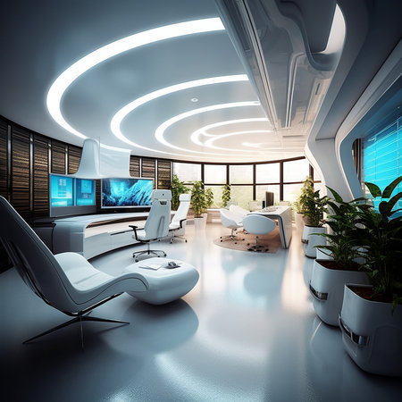 Futuristic design of business office. Modern company office interior with computers in a white colors. Business office with many working places. Room with a lot of computers and screens, AI generatedの素材