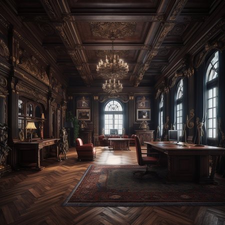 Luxury classic interior of office. Vintage furniture. Luxury design interior of business ceo room in classic style with bookshelves.  AI generated. Luxury interior with classic wooden furniture.の素材