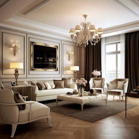 Modern living room interior design with beige sofa, tv  and soft led backlight. Luxury interior design of living room in classic style with high ceilings  in beige colors, 3d render.  AI generatedの素材