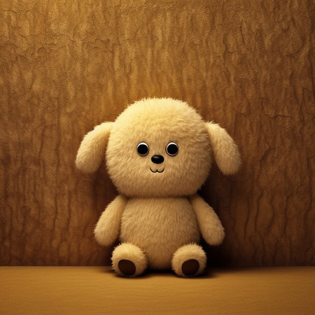 Teddy bear sitting on the floor with wooden background and looking at the camera, retro toned. Plush beige toy. Tiny fluffy teddy bear toy sitting, beige background. Handcrafted cute toy. AI generatedの素材